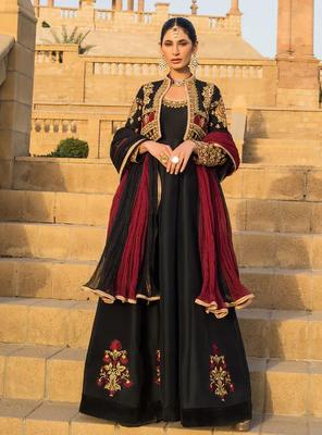Black Embroidered Shamoz Silk Maxi & Jacket Set