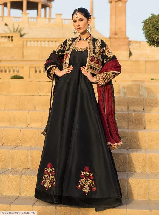 Black Embroidered Shamoz Silk Maxi & Jacket Set