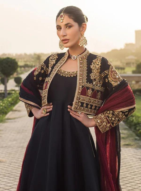 Black Embroidered Shamoz Silk Maxi & Jacket Set