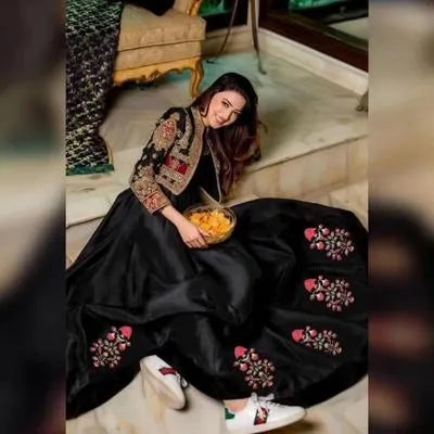 Black Embroidered Shamoz Silk Maxi & Jacket Set